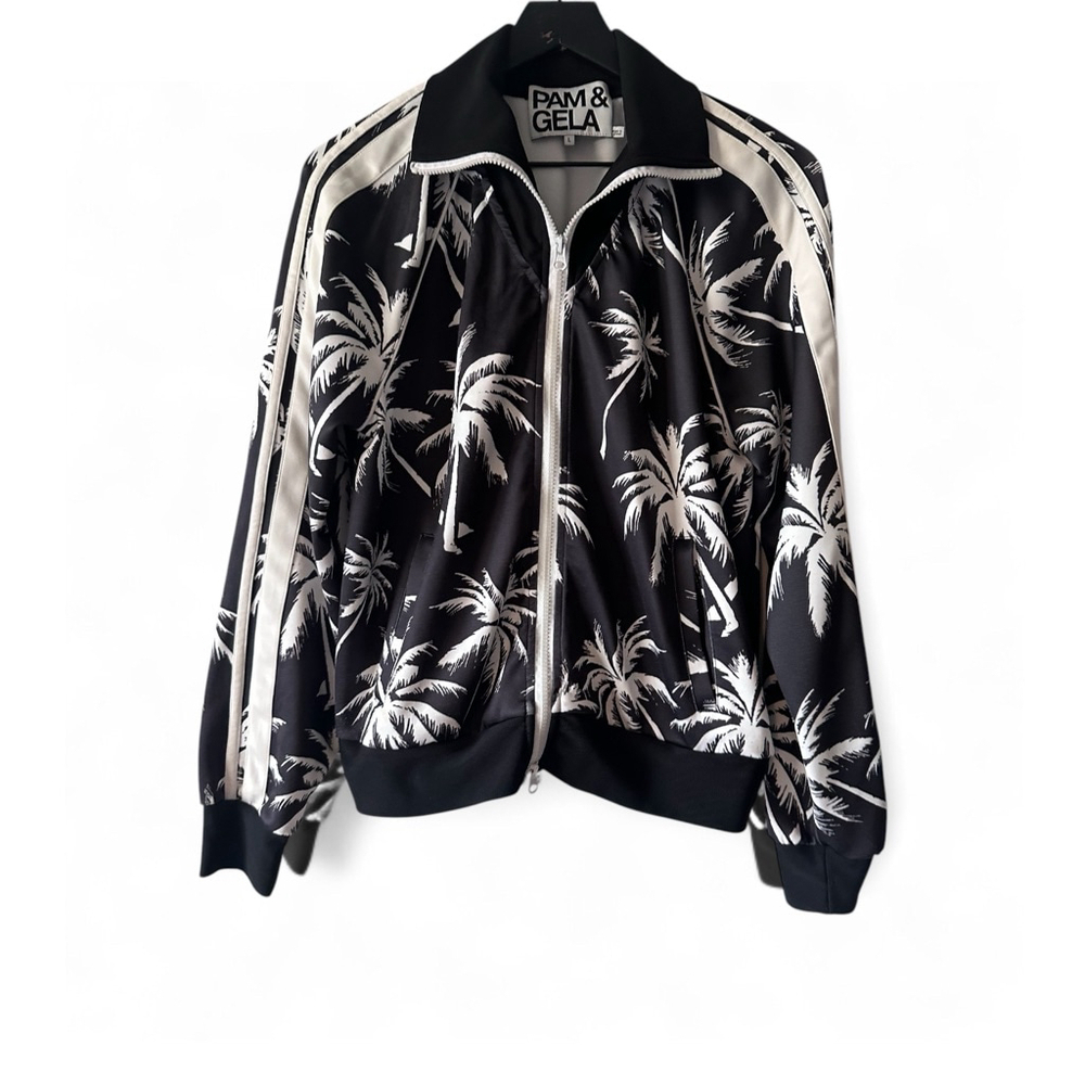 Pam & Gela Palm Tree Stand Collar Track Jacket Women's L Black & White